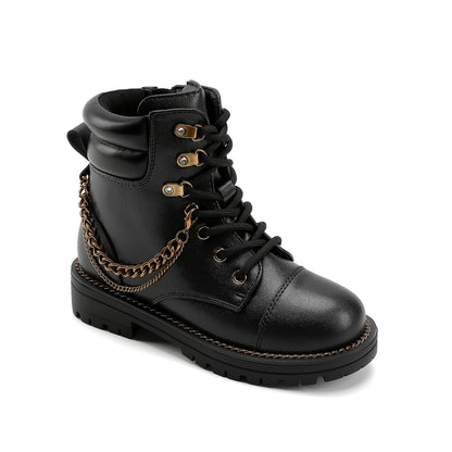 Chain Combat Boot - Big Kid Black Smooth