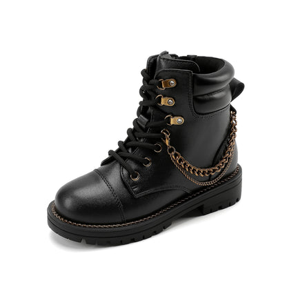 Chain Combat Boot - Big Kid Black Smooth