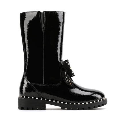 Kensington High Leg Bow Boot  - Big Kid Black Patent