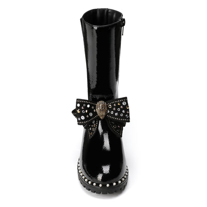 Kensington High Leg Bow Boot  - Big Kid Black Patent
