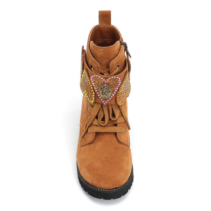 Mini Heart Lace Up Boot - Big Kids Brown