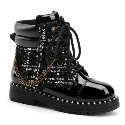 Chain Combat Boot - Big Kid Black Tweed