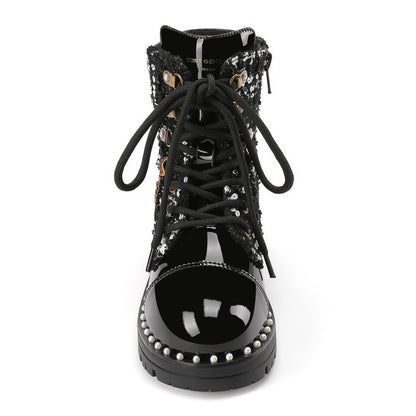 Chain Combat Boot - Big Kid Black Tweed