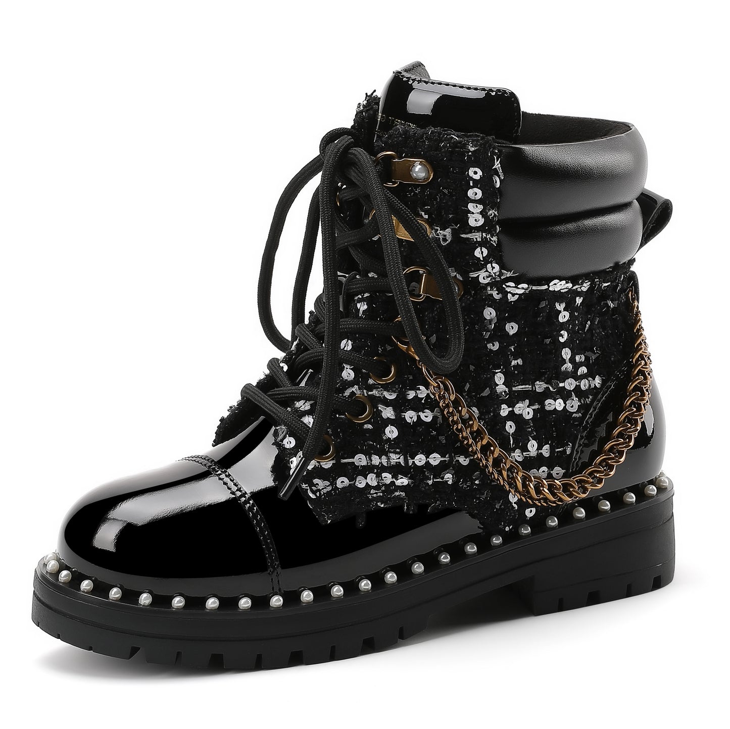 Chain Combat Boot - Big Kid Black Tweed